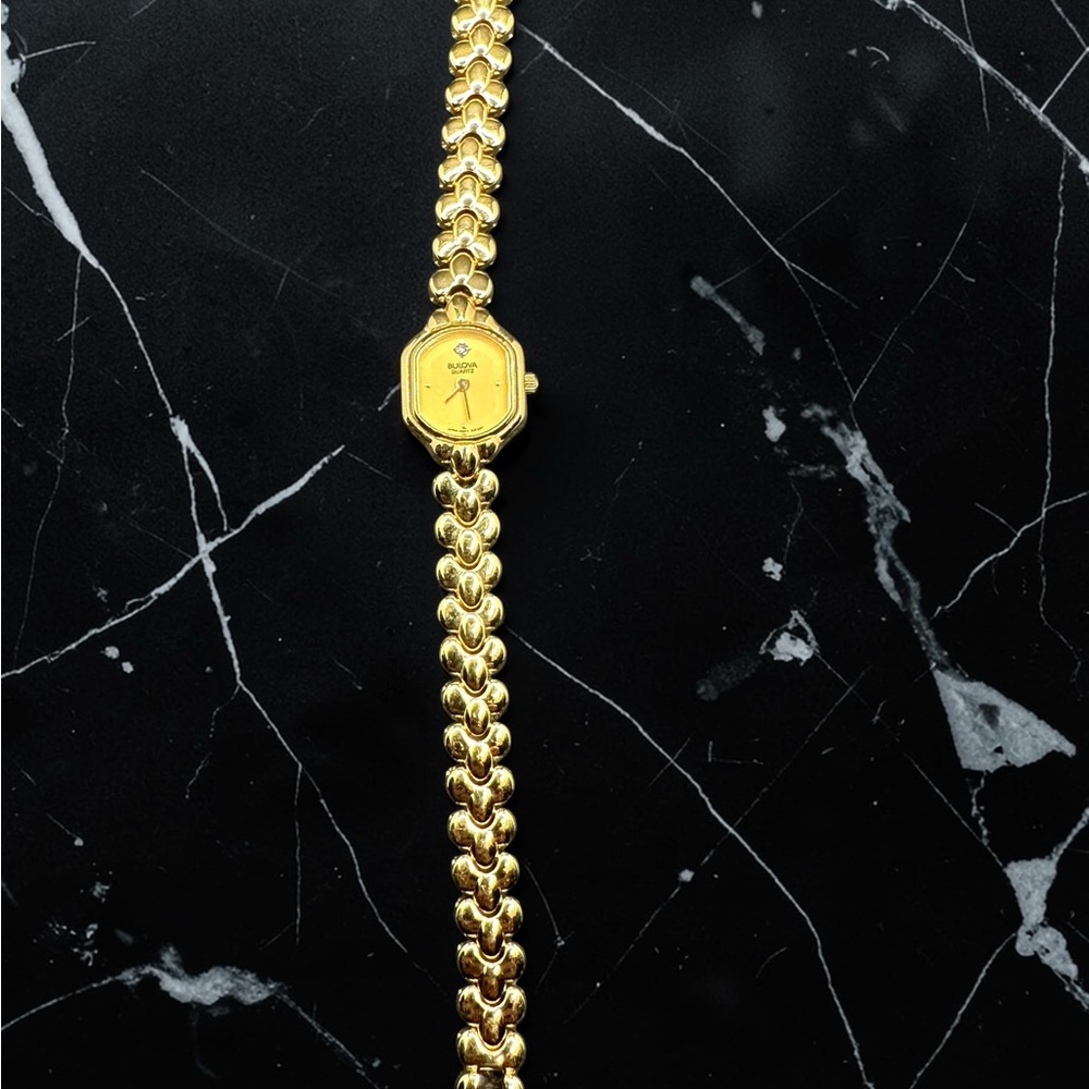 Bulova Gold Bracelet Watch with Hexagonal Dial. Unused. New, old stock.